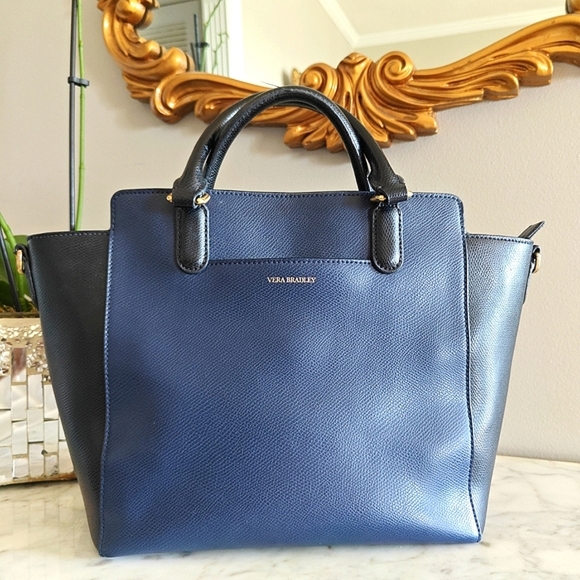 🩷SOLD💚 Vera Bradley Leather "Morgan" Black & Blue Trapeze 2-Way Bag | Rare - Picture 4 of 12